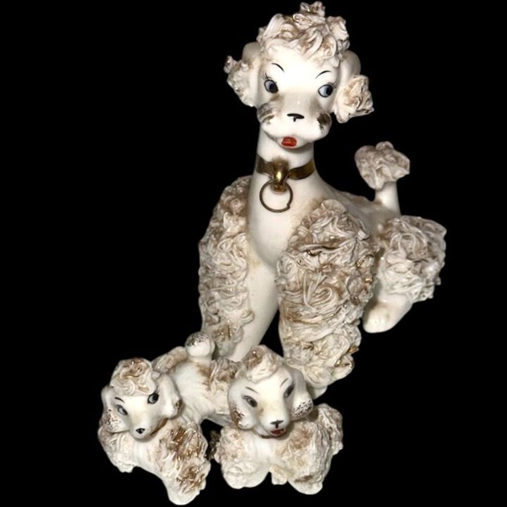 Vintage White Lefton Porcelain Spaghetti Poodle Family on Chain